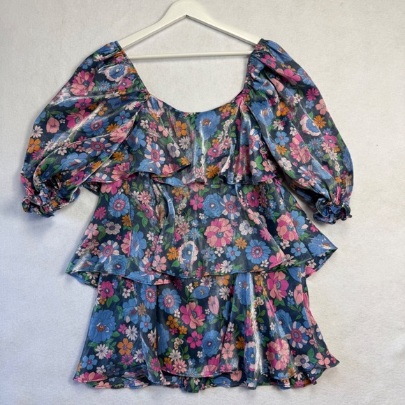 STORIA Womens Floral Tiered Puff Sleeve Mini Dress Metallic Blue Size L Cottage - Picture 2 of 10
